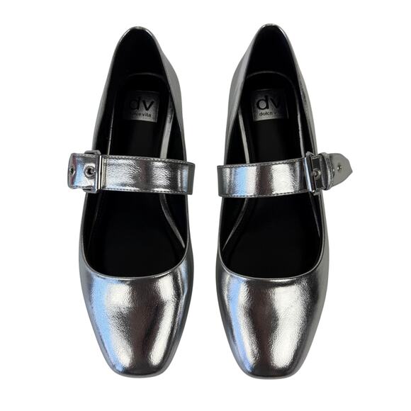 Dolce Vita DV Womens Mellie Silver Square Toe Ballet Flat Buckle Strap Sz 9 New - Picture 1 of 14